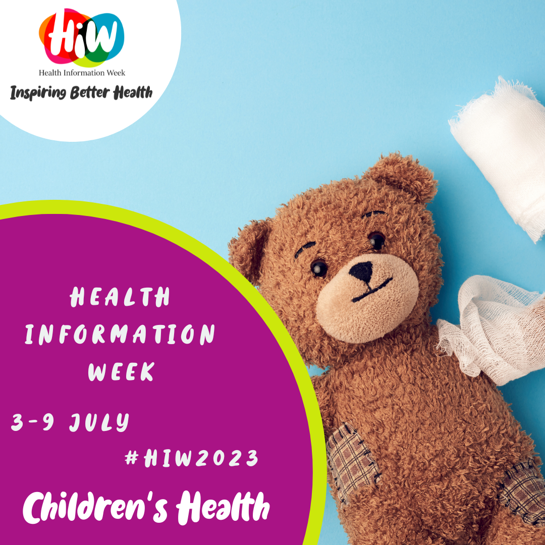 Graphic reads "Children's Health" with image of patched up teddy bear with a bandage on it's arm
