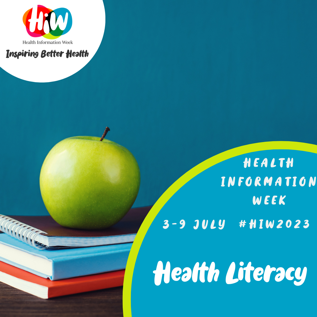 Graphic reads 'Health Literacy' with image of an apple on a pile of notepads