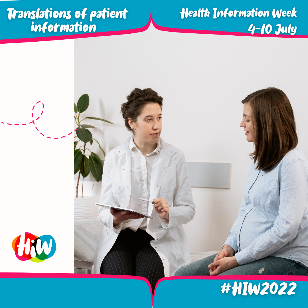 Graphic reads "Translated Patient Information" with image of patient and clinician talking. 