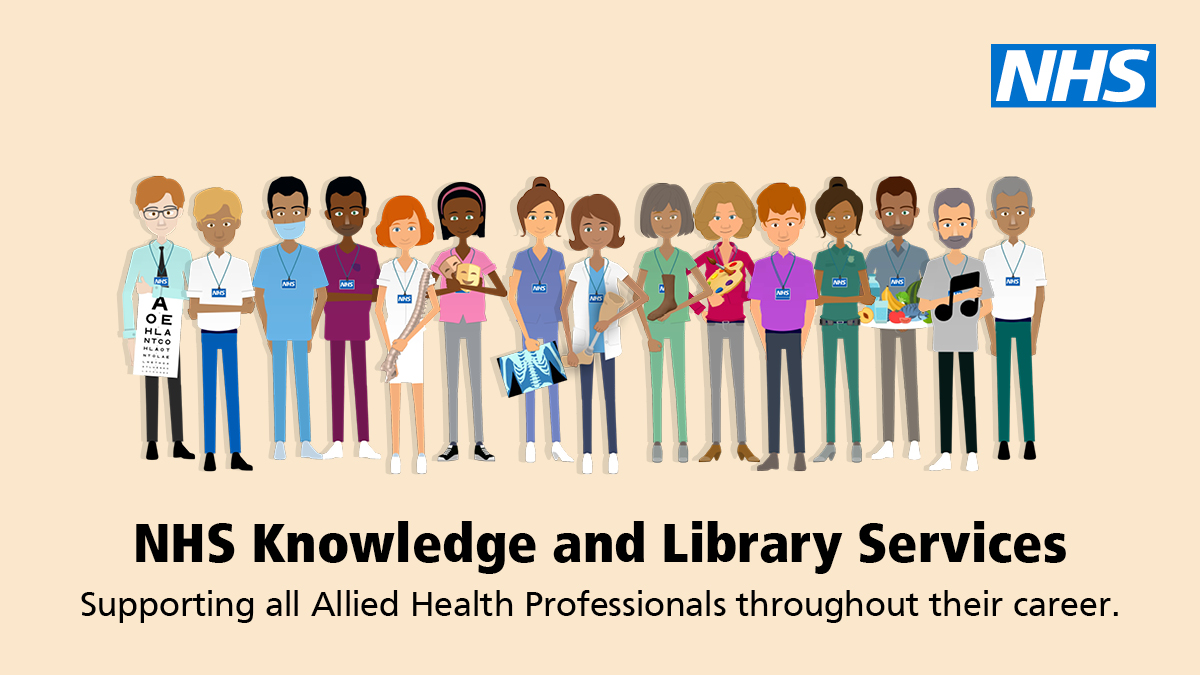Graphic representing full range of allied health professionals. 'NHS Knowledge and Library Services. Supporting all allied health professionals throught their career.'