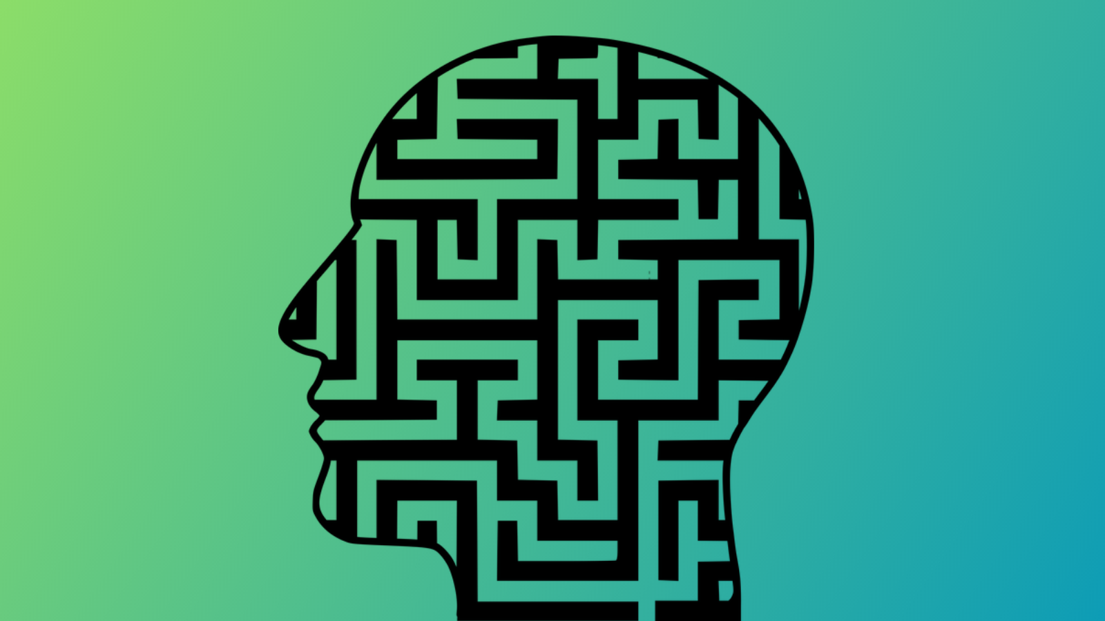 Image of a head on a green background, with a graphic of a maze overlaid through it. 
