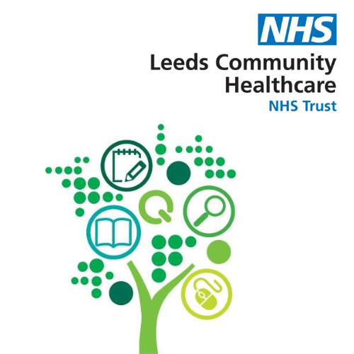 Leeds Community Healthcare Trust Library Logo - green tree with information resource icons