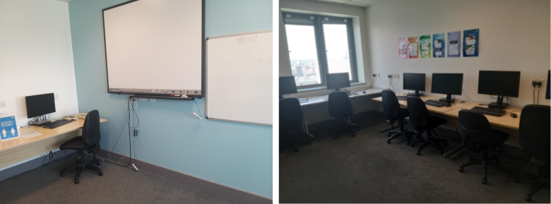 Left Photo: PC connected to  Smart screen projector with wall mounted whiteboard. Right hand photo PCs facing wall and window.