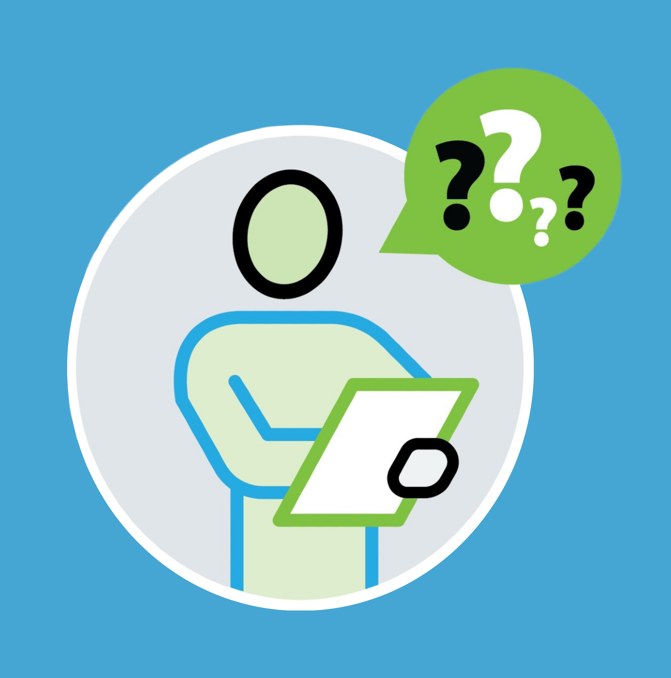 Figure with question marks looking at document