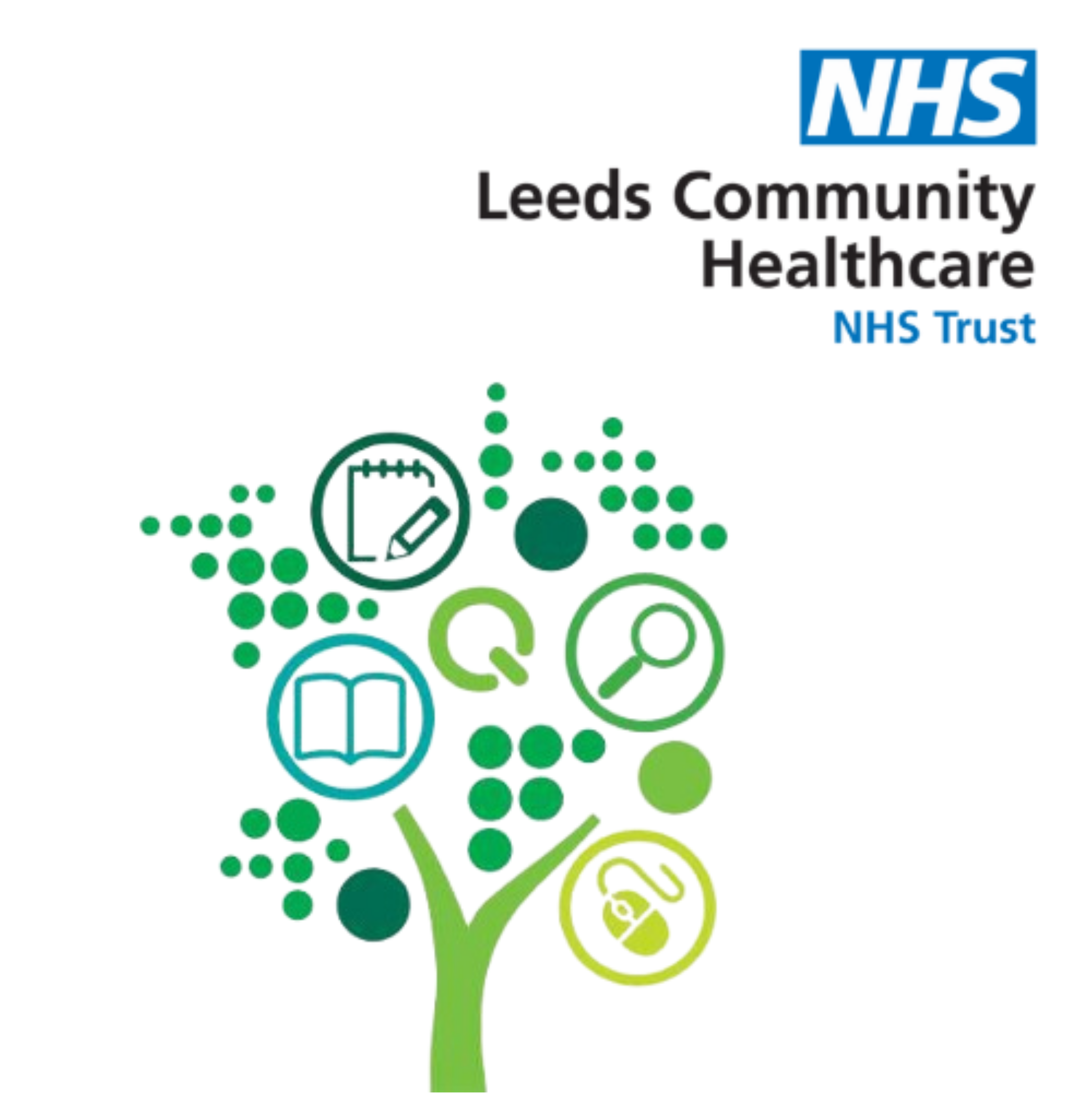 Leeds Community Healthcare Trust Library Logo - green tree with information resource icons