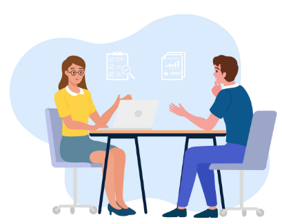 two people chatting about papers