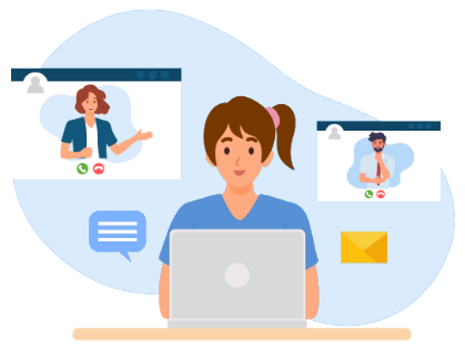 Physician on laptop looking at two video calls