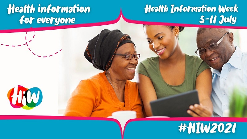 A group of Black people of mixed ages looking at a screen. Blue background text reads 'Health information for everyone: Health Information Week 5-11 July'