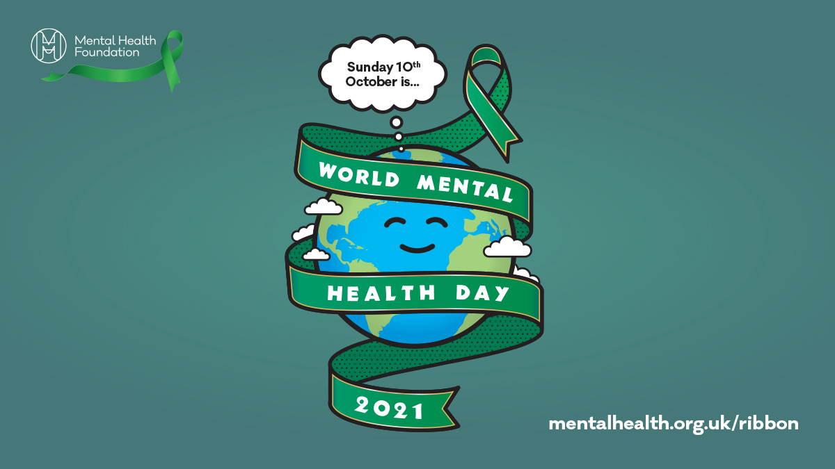 Globe with a smiley face wrapped in a green ribbon containing text World Mental Health Day 2021