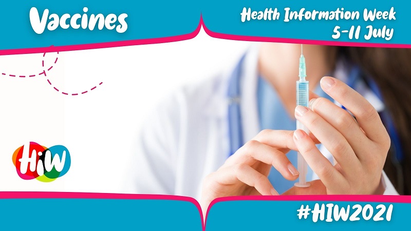 Image of White hands holding syringe. Blue header with white text: 'Vaccines: Health Information Week 5-11 July'