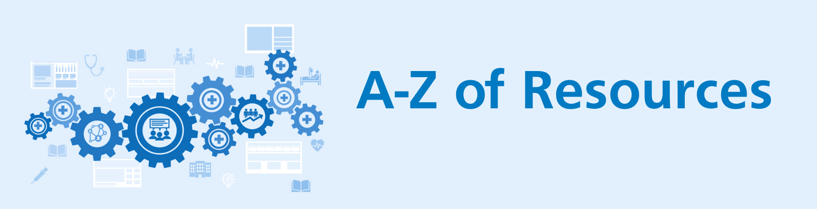 Left hand side icon image of cogs, right hand side text: A-Z of Resources 