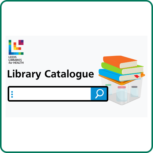 Graphic of book, search box and Leeds Libraries for Health logo