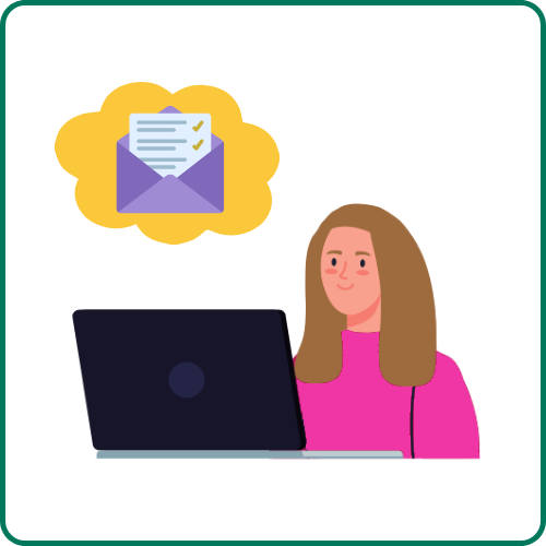 Flat icon image of a woman behind laptop screen with an envelope(email icon)