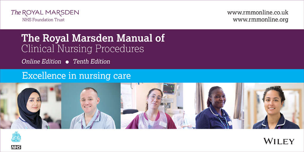 Logo for the Royal Marsden Manual of Clinical Procedures. Purple background, and images of 10 nurses of different genders, ages and ethnicities. 
