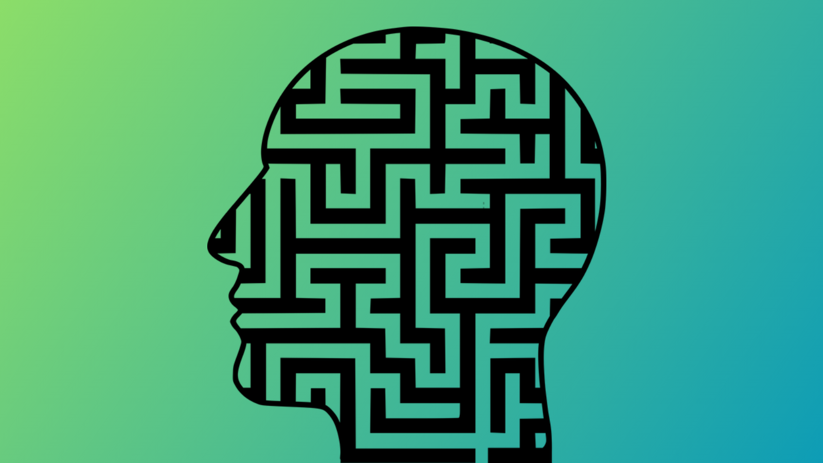 Image of a head on a green background, with a graphic of a maze overlaid through it.