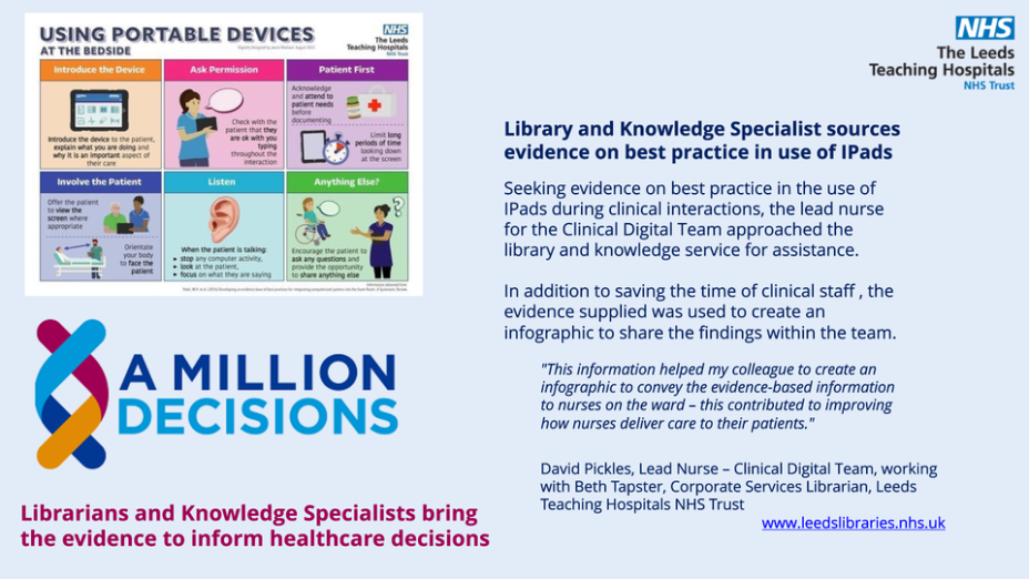 Describes impact of evidence search service for a project on improving patient interactions whilst using ipads